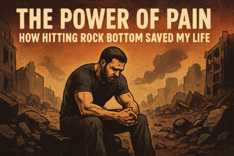 man sitting in ruble who has hit rock bottom