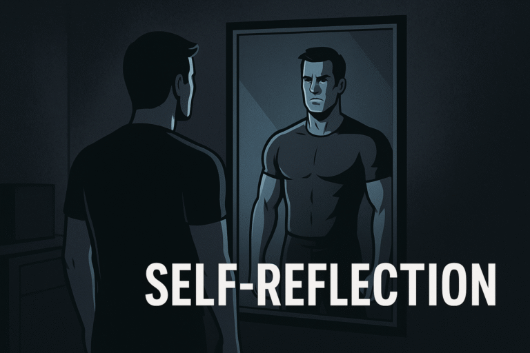 man standing in front of mirror self-reflecting on his life