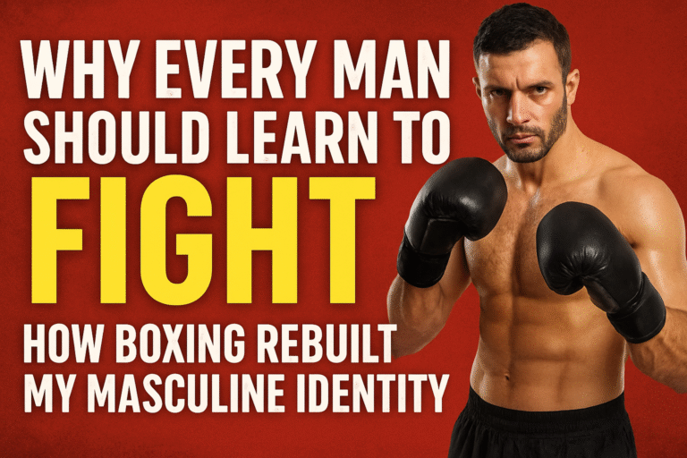 man with boxing gloves with why every man should learn to fight text